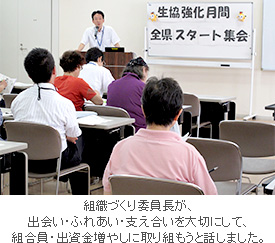 組織づくり委員会の日野洋逸委員長が、出会い・ふれあい・支え合いを大切にして、組合員・出資金ふやしに取り組もうと話しました。